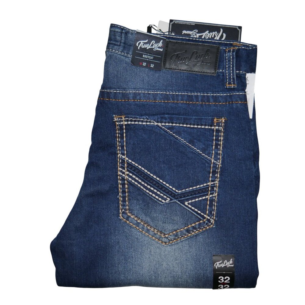 True Luck Men's Bootcut Jeans Size 32x32 Embroidered Stitched Medium Wash BKE